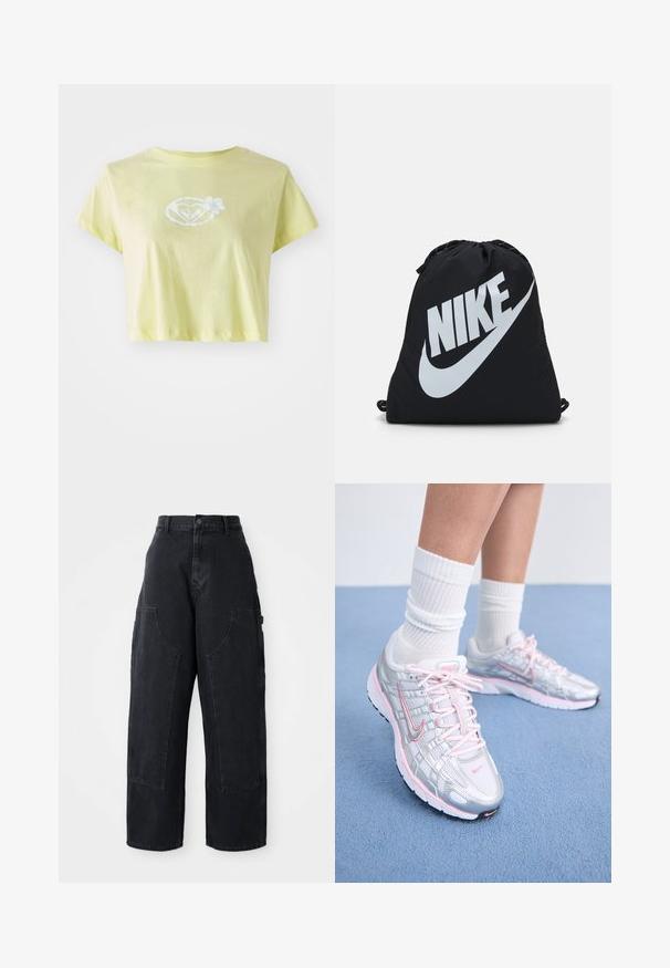 Svetlo rumena kratka majica iz pamuka. Na sprednjem delu ima belo cvetlično grafično oblikovanje v obliki srca.; Črne široke kavbojke iz denima s visokim pasom, dvema velikima sprednjima žepoma in gumbom za zapiranje na pasu. Gladka tekstura, sproščen dizajn.; Nike tekaške čevlje z srebrno mrežasto zgornjico in rožnatimi poudarki, belimi vezalkami in teksturirano podplatom. Oblečeni so z belimi bombažnimi športnimi nogavicami.; Črni nahrbtnik na vrvico z velikim belim logotipom Nike. Iz lahkotnega materiala z gladko teksturo in zaobljeno obliko.