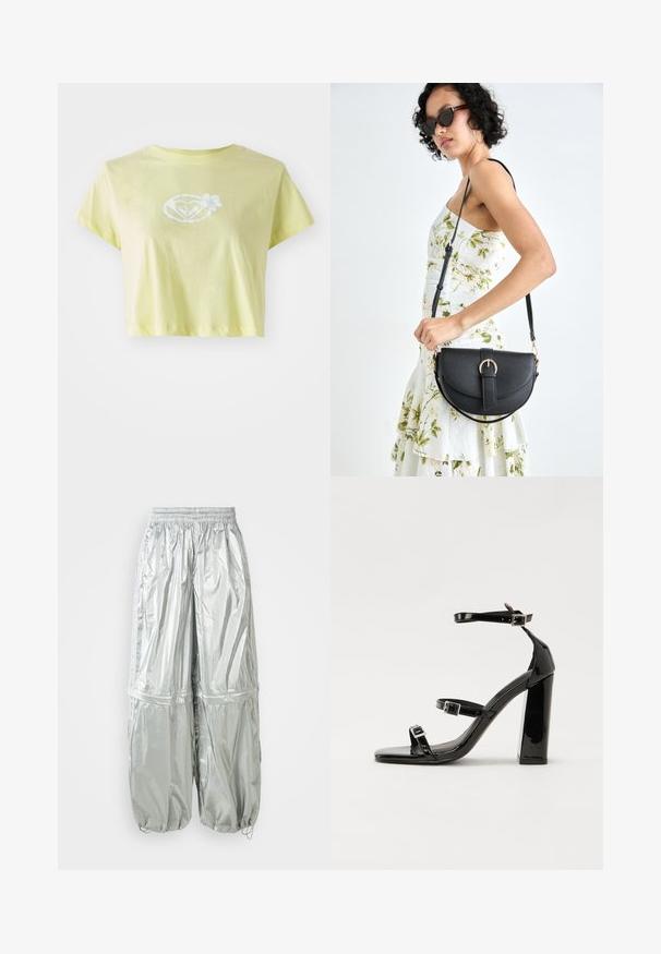 Svetlo rumena kratka majica iz pamuka. Na sprednjem delu ima belo cvetlično grafično oblikovanje v obliki srca.; Svetlo sive lahke cargo hlače z sijočo teksturo, elastičnim pasom, nabranimi manšetami in dvema velikima sprednjima žepoma.; Črne lakaste sandale z visokimi petami, z dvema trakovoma z zaponkama, kvadratnim sprednjim delom in masivno širšo peto, z gladko, sijočo teksturo.; Črna usnjena torbica s ukrivljeno obliko, z odstranljivo naramnico in zlatimi dodatki. Torbica ima pokrov s podrobnostmi v obliki zaponke.