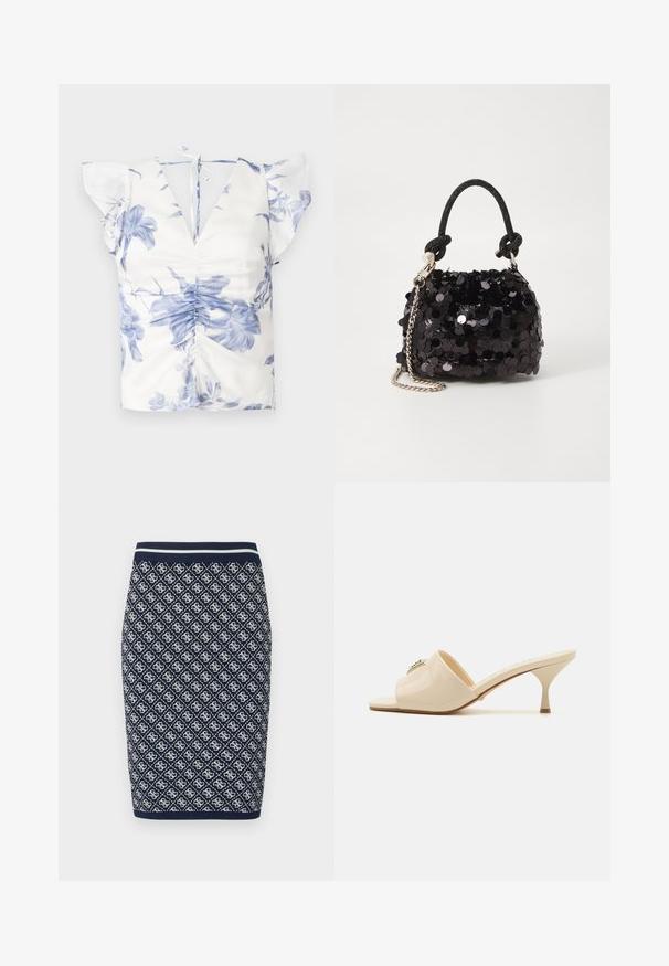 Blumenbluse mit blau-weißer Druck, kurzen Rüschensäumen, tiefem V-Ausschnitt und gerafftem Vorderteil mit Knotenverschluss im Rücken.; Strick-Bleistiftrock in Marineblau und Weiß mit einem diamantförmigen geometrischen Muster. Verfügt über einen gestreiften, elastischen Taillenbund und eine glatte Textur.; Beige Lackleder Sandale mit offener Spitze und niedrigem Stiletto-Absatz. Verfügt über ein zentrales dekoratives Element im Obermaterial. Glatte, glänzende Oberfläche.; Schwarze Pailletten-Mini-Handtasche mit einem geknoteten, strukturierten Tragegurt und einer silbernen Kette. Abgerundete Form mit gerafftem oberen Teil und reflektierenden Details.
