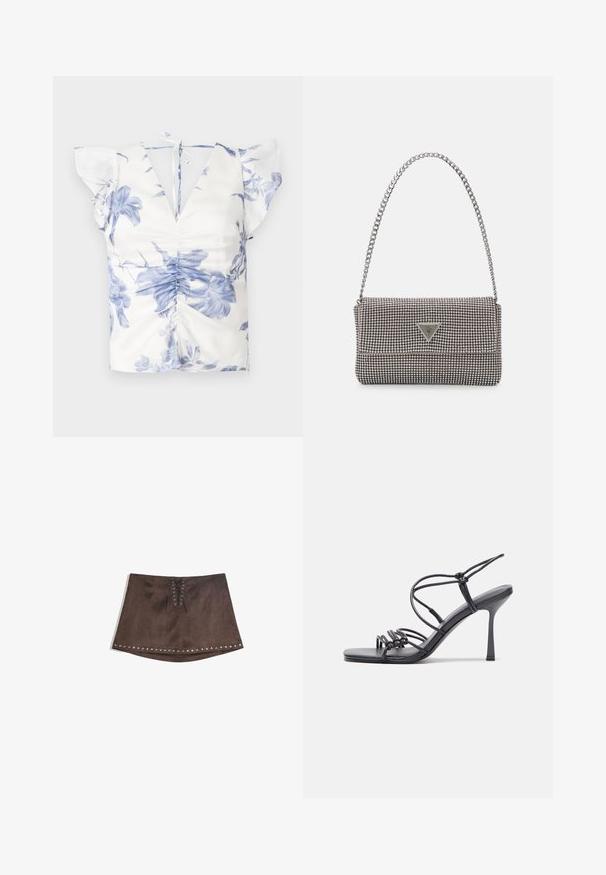 Kwiatowa bluzka z niebiesko-białym nadrukiem, krótkimi falbaniastymi rękawami, głębokim dekoltem w kształcie litery V oraz detalem z marszczeniem z zapięciem na wstążkę z tyłu.; Brązowa mini spódnica z imitacji zamszu z frontowym sznurkiem i srebrnymi ćwiekami wzdłuż hemu. Gładka tekstura, fason A-line i krótka długość.; Czarne sandały na wysokim obcasie mają cienkie paski z węzłowym wzorem, gładki, kwadratowy czubek i smukły obcas w stylu szpilki.; Jasnoszara metaliczna torebka na łańcuszku, ozdobiona małymi okrągłymi metalowymi ćwiekami oraz trójkątnym logo marki.; Srebrne kolczyki na biglu o gładkim, błyszczącym wykończeniu. O zaokrąglonym kształcie, lekkim designie, z zamknięciem na zatrzask.