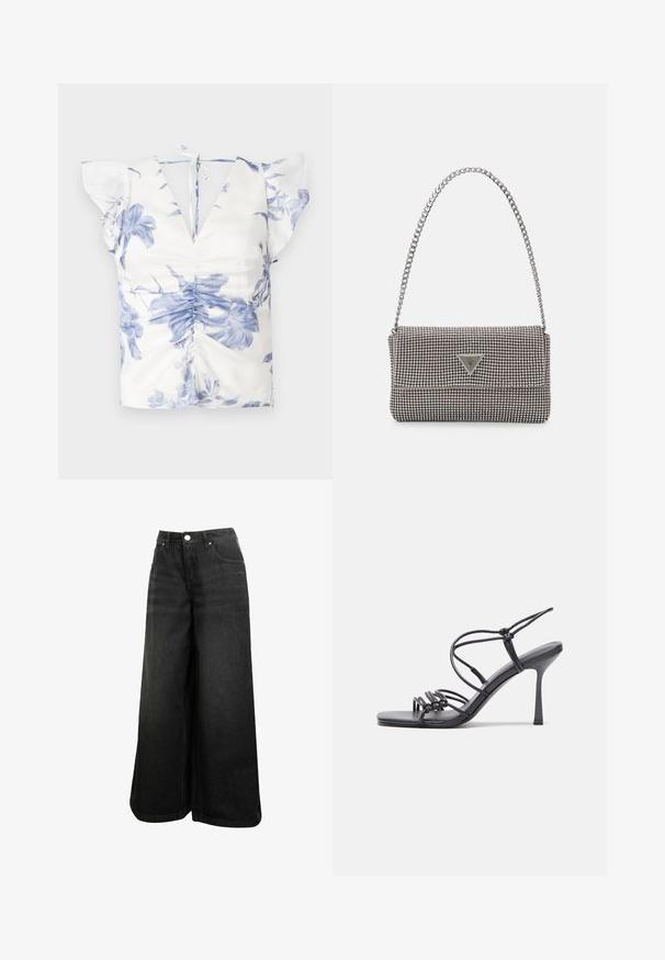 Blouse florale avec imprimé bleu et blanc, manches courtes volantes, décolleté en V profond, et détail froncé à l'avant avec fermeture à nouer au dos.; Jean en denim noir à jambes larges avec taille haute, bouton avant, poches et logo subtil sur la poche avant.; Des sandales noires à talons hauts avec des fines lanières au design noué, un bout carré lisse et un talon aiguille élégant.; Sac à main en métal gris clair avec une bandoulière en chaîne, orné de petits clous métalliques ronds et d'un logo de marque triangulaire.; Boucles d'oreilles créoles en argent avec une surface lisse et brillante, présentant une forme incurvée et une fermeture à tige. Design minimaliste avec une finition moderne.