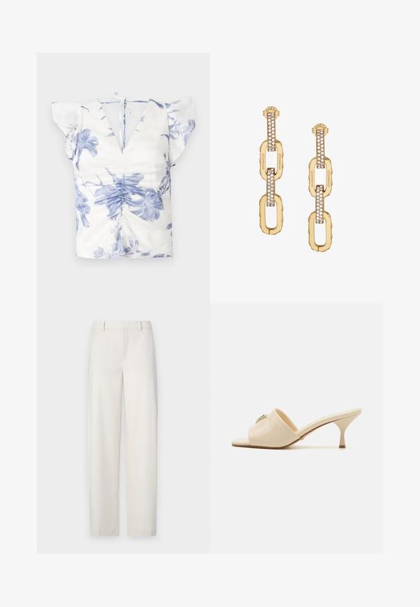 Kukkainen pusero sinivalkoisella kuosilla, lyhyet röyhelöhiha, syvä V-pääntie ja kerätty etuosa, jossa on nauhakiinnitys takana.; Kirkkaat beige housut, jotka on valmistettu sileästä kankaasta. Siinä on suora leikkaus, litteä etuosa, vyölenkit ja sivutaskut.; Beige patent leather open-toe mule sandal dengan tumit stiletto rendah. Memiliki aksen dekoratif di bagian atas. Permukaan halus dan mengkilap.; Kultaketju korvakorut, joissa on kirkas kristallituki, kaiverrettu "GUESS" -brändäys ja sileä pinta.