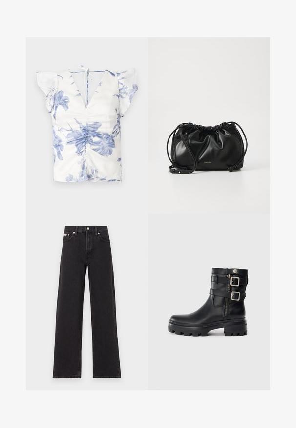 Blouse florale avec imprimé bleu et blanc, manches courtes volantes, décolleté en V profond, et détail froncé à l'avant avec fermeture à nouer au dos.; Jeans noirs à jambes larges en denim, avec une taille haute, une coupe à cinq poches et une fermeture à bouton en métal avec des coutures contrastantes.; Botte de cheville en cuir noir avec accents de double boucle, fermeture éclair, semelle épaisse et texture lisse. Possède un design robuste et élégant.; Sac à main en cuir noir avec un design froncé, fermeture à double cordon et bandoulière amovible. Présente un détail de logo métallique.