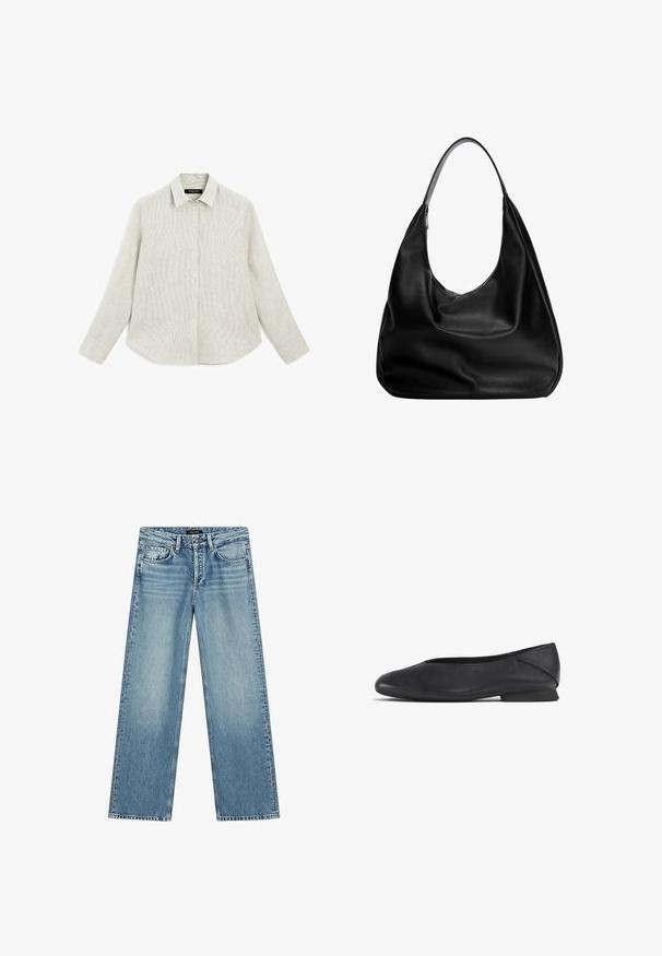 Camicia button-up di colore chiaro con un sottile motivo a righe. Realizzata in tessuto testurizzato, presenta un colletto classico e maniche lunghe con polsini abbottonati.; Jeans azzurri a gamba larga realizzati in denim. Presentano cinque tasche, chiusura con bottone e una leggera scoloritura che conferisce un aspetto strutturato.; Scarpa piatta nera in pelle con punta arrotondata e tacco basso, progettata per un uso casual o formale.; Borsa hobo in pelle nera con design morbido, ampia tracolla e texture liscia. Presenta una chiusura con zip laterale.