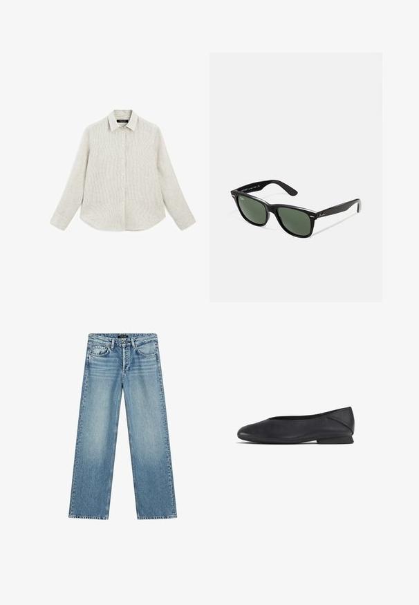 Light-colored button-up shirt with a subtle striped pattern. Made of textured fabric, featuring a classic collar and long sleeves with button cuffs.; Light blue wide-leg jeans made from denim. Features five pockets, a button closure, and subtle fading, creating a textured appearance.; Black leather flat shoe with rounded toe and low heel, designed for casual or formal wear.; Black plastic sunglasses with green lenses, square frames, silver accent on the brow, and textured temple arms. Stated brand on inner arm.