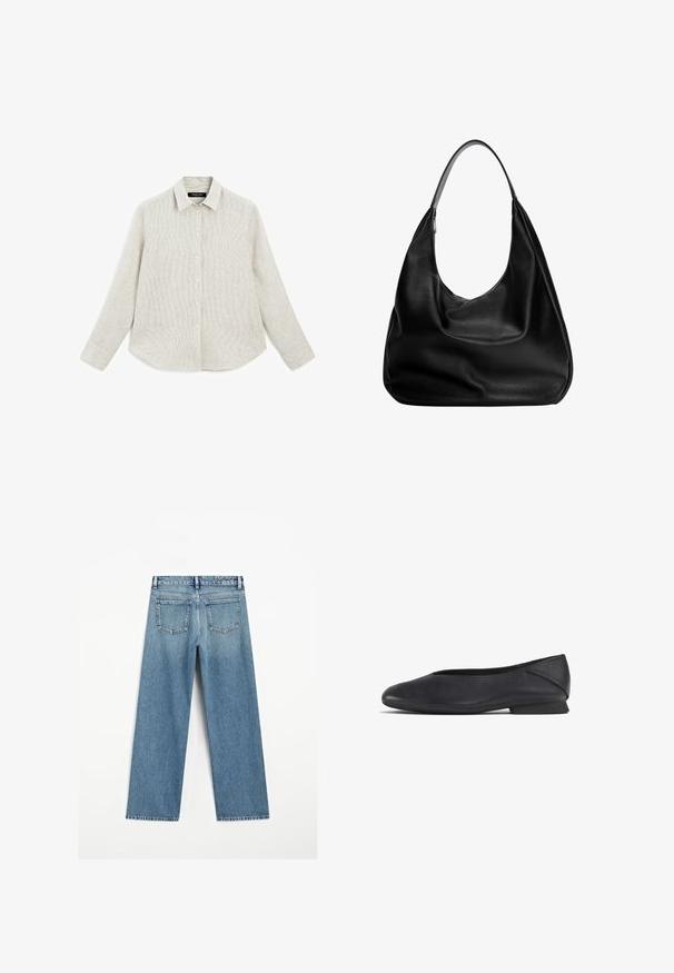 Chemise à boutons de couleur claire avec un motif rayé subtil. Fabriquée en tissu texturé, elle présente un col classique et des manches longues avec des poignets à boutons.; Jean en denim bleu clair avec une coupe large, doté de deux poches arrière et d'un ourlet effiloché. Fabriqué en tissu en coton texturé.; Chaussure plate en cuir noir avec un bout rond et un petit talon, conçue pour une utilisation décontractée ou formelle.; Sac hobo en cuir noir au design décontracté, avec une large bandoulière et une texture lisse. Dispose d'une fermeture éclair unique sur le côté.