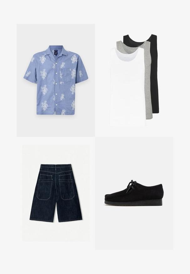 Koszulka z krótkim rękawem, niebieska, wykonana z lekkiego materiału, z białym kwiatowym wzorem i kieszenią na piersi. Zapięcie na guziki z przodu i kołnierz.; Trzy topy na ramiączkach w kolorze białym, szarym i czarnym. Każdy z nich ma klasyczny bezrękawnikowy fason, wykonany z lekkiej bawełnianej tkaniny z prążkowaną teksturą.; Granatowe szorty dżinsowe o luźnym kroju, z dwoma tylnymi kieszeniami, kontrastowym przeszyciem i prostym krojem nogawki.; Czarne zamszowe buty z okrągłym noskiem, sznurowanym przodem i teksturowaną czarną gumową podeszwą. Gładka cholewka z delikatnymi detalami szycia.