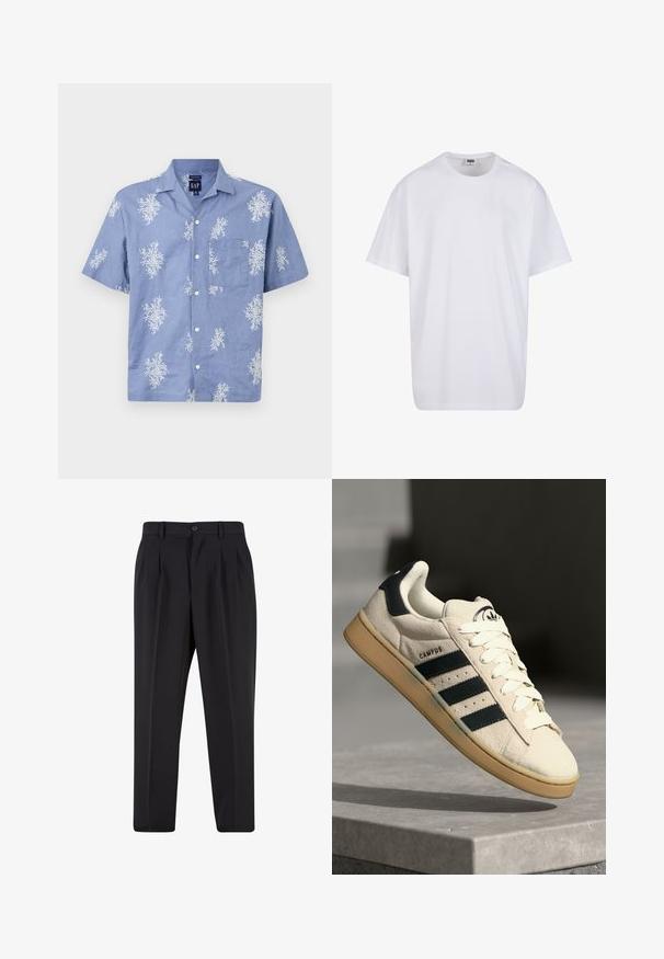 Lyhythihainen sininen paita, joka on valmistettu kevyestä kankaasta ja jossa on valkoinen kukkakuosi sekä rintatasku. Napitettava etuosa ja kauluskangas.; Valkoinen puuvillainen t-paita, jossa on lyhyet hihat, pyöreä kaula-aukko, rento istuvuus ja ei näkyviä logoja tai kuvioita. Sileä pinta ja minimaalinen muotoilu.; Mustat housut, joissa on laskostettu etuosa, valmistettu sileästä kankaasta. Varustettu nappikiinnityksellä ja vyölenkeillä; suora lahje.; Beige mokkanahka lenkkarit, joissa on kolme tummansinistä raitaa, valkoiset nauhat ja vaaleanruskea kumipohja. Kengissä on logo kielessä ja "CAMPUS"-teksti.