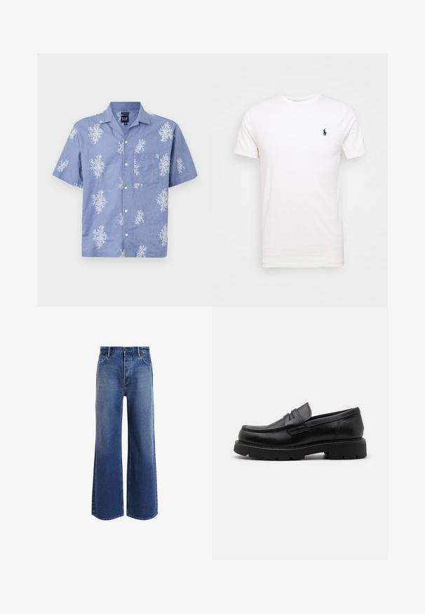 Camicia azzurra a maniche corte realizzata in tessuto leggero, con un motivo floreale bianco e una tasca sul petto. Design con bottoni sul davanti e colletto.; T-shirt bianca in cotone con colletto a girocollo. Presenta un piccolo logo blu scuro sul lato sinistro del petto. Maniche corte, superficie liscia.; Jeans a gamba larga a vita alta in denim blu medio, caratterizzati da un classico design a cinque tasche, leggere scoloriture e dettagli con orlo sfilacciato.; Mocassini in pelle nera con punta arrotondata, dettagli testurizzati sul davanti e una suola in gomma spessa con scanalature per una maggiore aderenza.