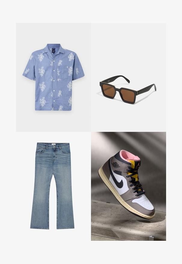 Kurzärmeliges, blaues Hemd aus leichtem Material mit einem weißen Blumenmuster und einer Brusttasche. Knopfleiste und Kragen-Design.; Hellblaue Jeans aus Denim im Schlagdesign, mit klassischem Fünf-Taschen-Stil und einem Knopfverschluss am Bund.; Hohe Nike Air Jordan Sneaker in Weiß, Grau und Schwarz mit pinkem Innenfutter und gelber Zunge, auf einer Betontfläche platziert.; Schwarze quadratische Sonnenbrillen mit braunen Gläsern, mattem Finish und goldenen Akzenten im Rahmen. Das Design ist kantig mit breiten Bügeln.