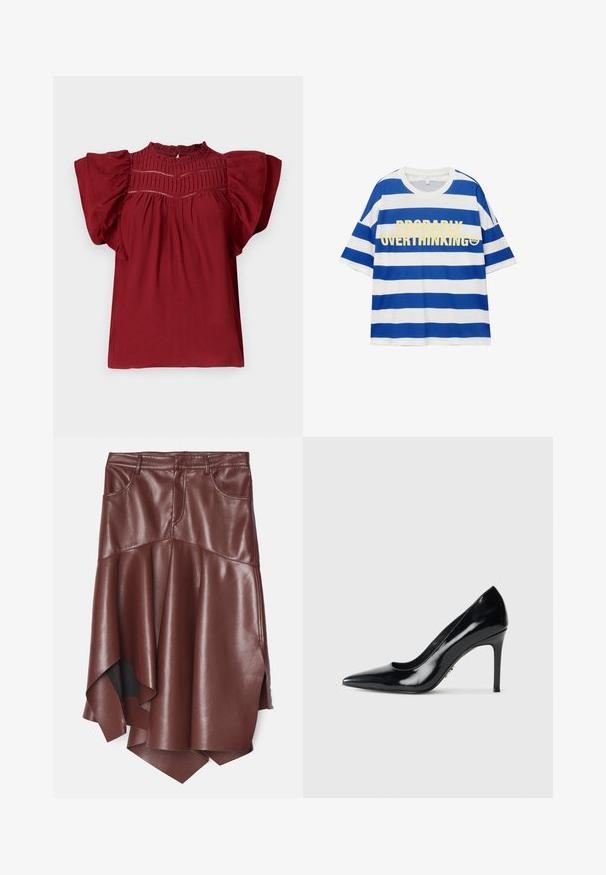 Bluză roșie cu mânci scurte și puffate, plisuri texturate la decolteu și închidere cu nasture la spate. Material moale cu o finisare netedă.; Tricou din bumbac cu dungi orizontale albastre și albe. Are text bold galben "PROBABLY OVERTHINKING" și un grafic cu o fața zâmbitoare. Mâneci scurte.; Fustă din piele ecologică maro cu o margine asimetrică și evazată, având două buzunare frontale și o textură netedă, lucioasă.; Pantofi cu toc înalt, cu vârf ascuțit, din piele sintetică neagră cu aspect lăcuit, cu toc stiletto subțire, pe fundal alb simplu.