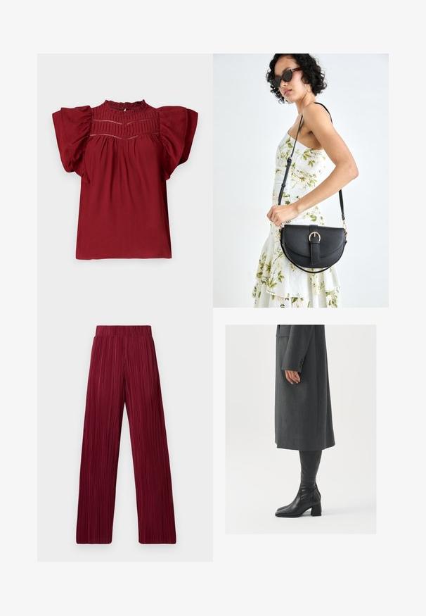 Červená blúzka s krátkymi, nariasenými rukávmi, textúrovanými záhybmi na výstrihu a zapínaním na gombík na chrbte. Mäkká tkanina s hladkým povrchom.; Bordové plisované nohavice s voľným strihom a elastickým pásom. Textúrovaná tkanina má vertikálne pruhy. Rovno strihané na okrajoch.; Sivý, strihovo upravený kabát so rovnými líniami; doplnený o čierne kožené čižmy po kolená s štvorcovou špičkou a robustným podpätkom.; Čierna kožená kabelka s zaobleným tvarom, odnímateľným popruhom a zlatými doplnkami. Kabelka má klopu s detailom s prackou.