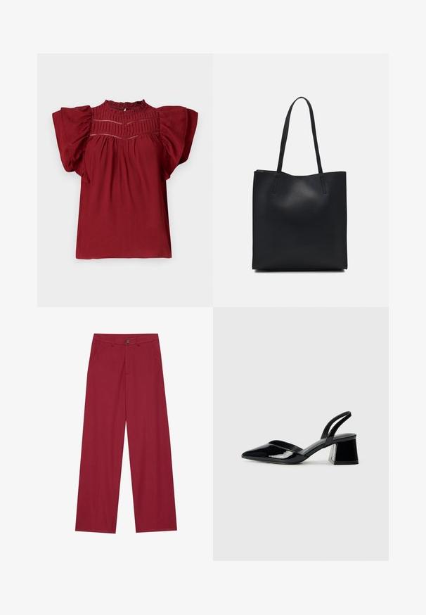 Crvena bluzica s kratkim, napuhanim rukavima, teksturiranim naborima na izrezu i kopčanjem na dugme na leđima. Mekani materijal s glatkom završnom obradom.; Široke hlače od glatkog, teksturiranog materijala u tamnocrvenoj boji. Sadrže prednje džepove i jedan dugme na pojasu.; Crne lakirane kožne sandale s otvorenom petom i špicastim vrhom, s geometrijskom blok petom. Imaju elegantan, minimalistički dizajn i glatku teksturu.; Crna kožna torba za nošenje s glatkom teksturom, pravokutnim oblikom i dvije duge ručke. Nema vidljivih metalnih dijelova ili ukrasa.