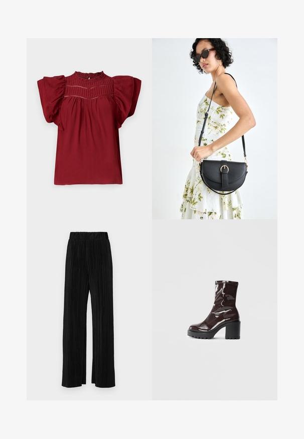Rød bluse med korte, puffeærmer, teksturerte folder ved halsen og en knappelukking bak. Mykt stoff med en glatt overflate.; Sorte plisserte bukser med elastisk midje. Har vide ben og et glatt, strukturert stoff med vertikale striper.; Glinsende burgunder ankelstøvel med en kraftig svart hæl, med en glatt tekstur og enkelt design. Ingen synlige lukkinger eller mønstre.; Svart lærveske med en buet form, avtagbar stropp og gullbeslag. Vesken har et klaff med spenne-detall.