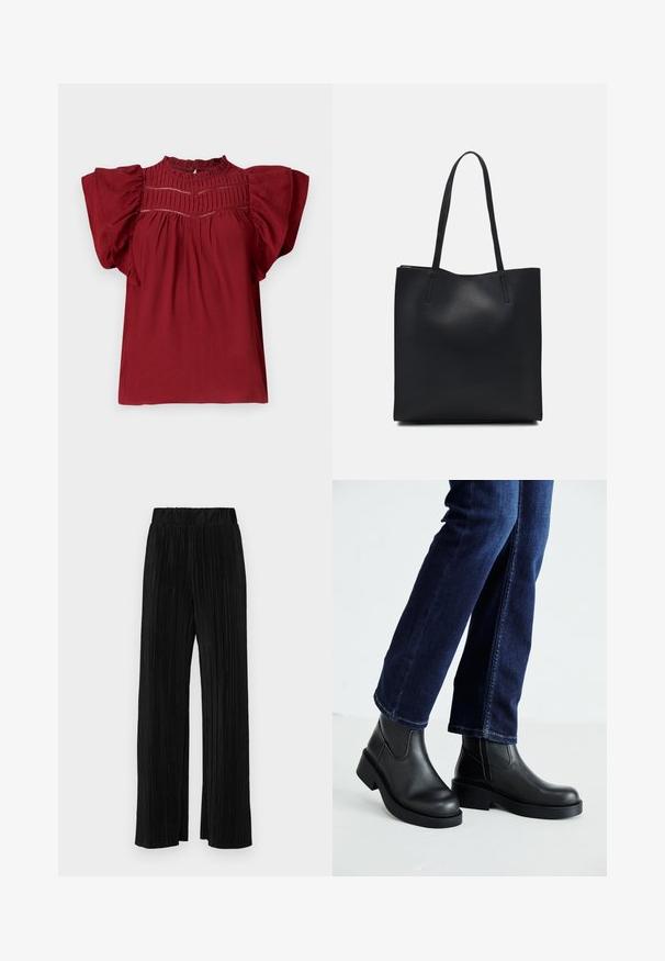 Sarkana blūze ar īsām, pūkainām piedurknēm, teksturētām krokām pie kakla un pogu aizdari mugurā. Mīksta auduma ar gludu apdari.; Melni plīšu bikses ar elastīgu jostu. Tām ir platākas kājas un gluda, teksturēta auduma ar vertikālām svītrām.; Melnas ādas potīšu zābaki ar masīvu zoli un sānu elastīgām daļām, kombinēti ar tumši ziliem džinsiem. Zeme ir gaišā krāsā.; Melnas ādas somiņa ar gludu tekstūru, taisnstūra formu un divām garām rokturiem. Nav redzamu aparatūras vai rotājumu.