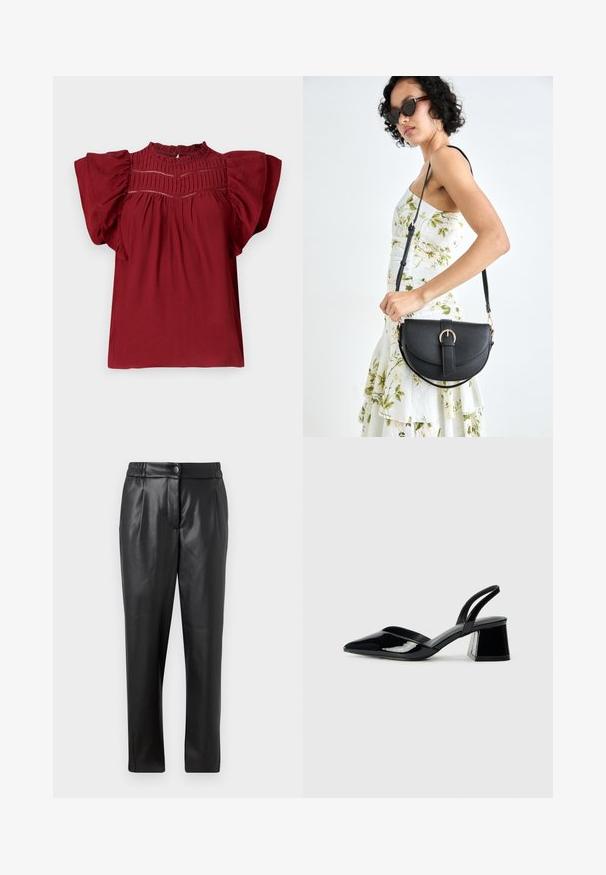 Blouse rouge avec des manches courtes et bouffantes, des plis texturés au niveau du col, et une fermeture à boutons à l'arrière. Tissu doux avec une finition lisse.; Pantalons en cuir noir avec une texture lisse, coupe droite, taille élastique et fermeture à bouton à l'avant ; détails plissés et jambes fuselées.; Escarpins en cuir verni noir avec bout pointu et talon bloc géométrique. Présente un design élégant et minimaliste ainsi qu'une texture lisse.; Sac à main en cuir noir avec une forme courbée, bandoulière amovible et des accessoires en or. Le sac est doté d'un rabat avec un détail de boucle.