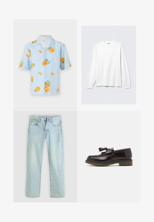 Gaiši zils īso piedurkņu krekls ar apelsīnu augļu un zaļu lapu rakstu. Pogājamais dizains ar brīvu piegriezumu un mīkstu audumu.; Balta garām piedurknēm kreklos ar viendabīgu apkakli un ribotām piedurknēm, ar mazu zīmola etiketīti "WEEKDAY" krekla iekšpusē pie apkakles.; Gai zili džinsi ar taisnu piegriezumu, piecām kabatām, pogu aizdari un smalku nolietojumu. Satur šuvju detaļas un vara kniedes.; Brūni ādas loafers ar austu dizainu, pērlīšu detaļām un plakanu gumijas zoli. Iezīmē gludu apdari un kontrastējošas šuvju detaļas.
