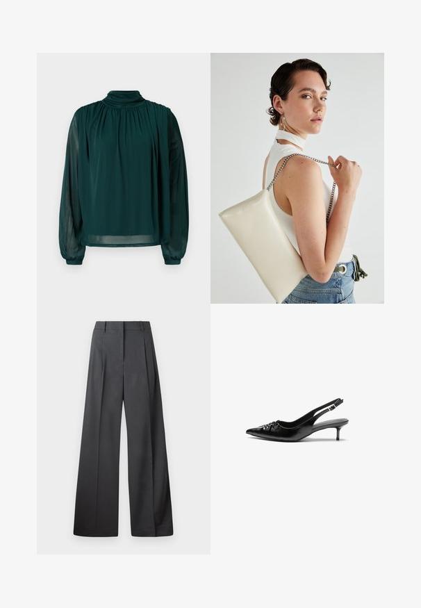 Πράσινο μπλουζάκι με ψηλό λαιμό, μακριά ημιδιάφανα μανίκια, πιέτες μπροστά και άνετη γραμμή. Φτιαγμένο από ελαφρύ ύφασμα για μία ρέουσα εμφάνιση.; Φαρδιά παντελόνια από σκούρο γκρι ύφασμα, με ψηλή μέση, μονές πτυχές και λεία υφή με καθαρή τελείωση στις άκρες.; Μαύρα δερμάτινα τακούνια slingback με尖尖 toe, μικρό kitten heel και διακοσμητική λεπτομέρεια με κόμπο στο μπροστινό μέρος. Λείος υφή σε όλη την επιφάνεια.; Λευκή ορθογώνια τσάντα συμπλέκτη, φτιαγμένη από γυαλιστερό υλικό, με ασημένια αλυσίδα. Το μοντέλο ποζάρει, επιδεικνύοντας την τσάντα σε απλό φόντο.