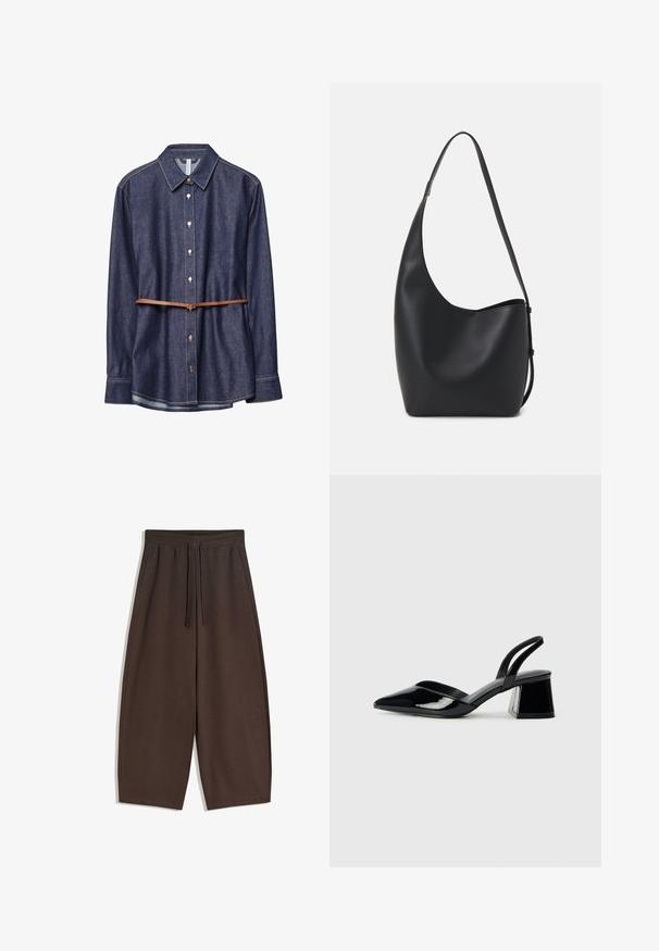 Denim košulja, tamnoplave boje, klasičnog ovratnika, dugih rukava, sa dugmadi, s naglašenim smešnim smeškom od smešnog smeška.; Smeđe hlače širokih nogavica od mekanog materijala, s elastičnim pojasom i vezicom, glatke teksture i čistog dizajna.; Crne lakirane kožne sandale s otvorenom petom i špicastim vrhom, s geometrijskom blok petom. Imaju elegantan, minimalistički dizajn i glatku teksturu.; Crna kožna hobo torba s glatkom teksturom, zakrivljenim oblikom i jednom podesivom trakicom; ima širok otvor na vrhu.