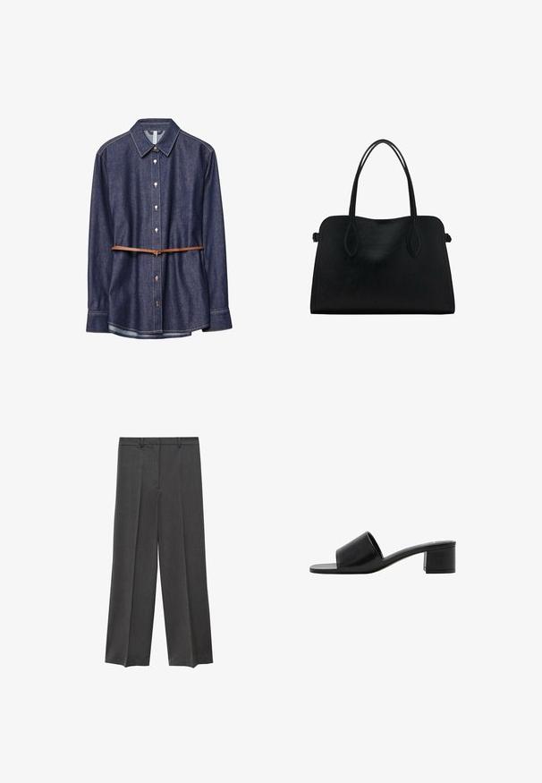 Denim košulja, tamnoplave boje, klasičnog ovratnika, dugih rukava, sa dugmadi, s naglašenim smešnim smeškom od smešnog smeška.; Sive široke hlače sa glatkom teksturom, plisiranim prednjim dijelom i petljama za remen. Napravljene od lagane tkanine.; Crne kožne sandale otvorenih prstiju s širokom trakom i čvrstim blok-potpeticom. Imaju glatku teksturu i minimalistički dizajn.; Crna kožna torba s dvostrukim naramenicama, pravokutnog oblika i minimalističkim dizajnom na bijeloj pozadini.