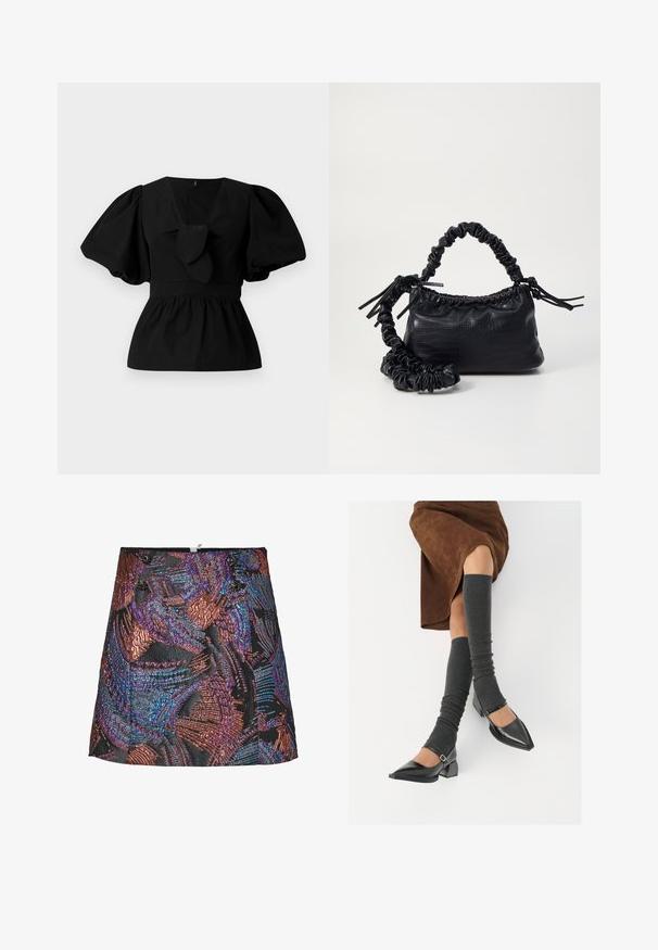 Čierna bavlnená blúzka s výstrihom do V, s balónovými rukávmi a viazaním v oblasti pásu. Hrudník je zhrnutý pre peplum tvar.; Metalická mini sukňa s textúrovaným vzorom v živých odtieňoch purpurovej a bronzovej, so základom v čiernej farbe a dekoratívnymi gombíkmi na pásiku.; Čierne lakované kožené topánky s špicatou špičkou, blokovým podpätkom a členkovým remienkom, ktoré sú kombinované so šedými rebrovanými legínami a hnedou zamšovou sukňou.; Čierna umelá kožená kabelka s kroko vzorom, sťahovaným vrchom a zhnutým popruhom. Vyzerá mäkko a kompaktné v dizajne.