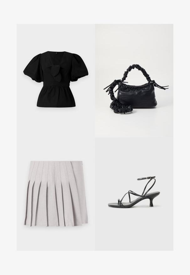 Black cotton blouse featuring a V-neck, puff sleeves, and a tie accent at the waist. The bodice is gathered for a peplum shape.; Gray pleated skirt with a smooth texture, featuring multiple vertical folds and a fitted waistline. Made from lightweight fabric.; Black heeled sandals with thin straps, open toe design, and a small, flared heel. The material appears smooth and glossy.; Black faux leather handbag with a crocodile texture, cinched top, and a scrunched strap. Appears soft and compact in design.