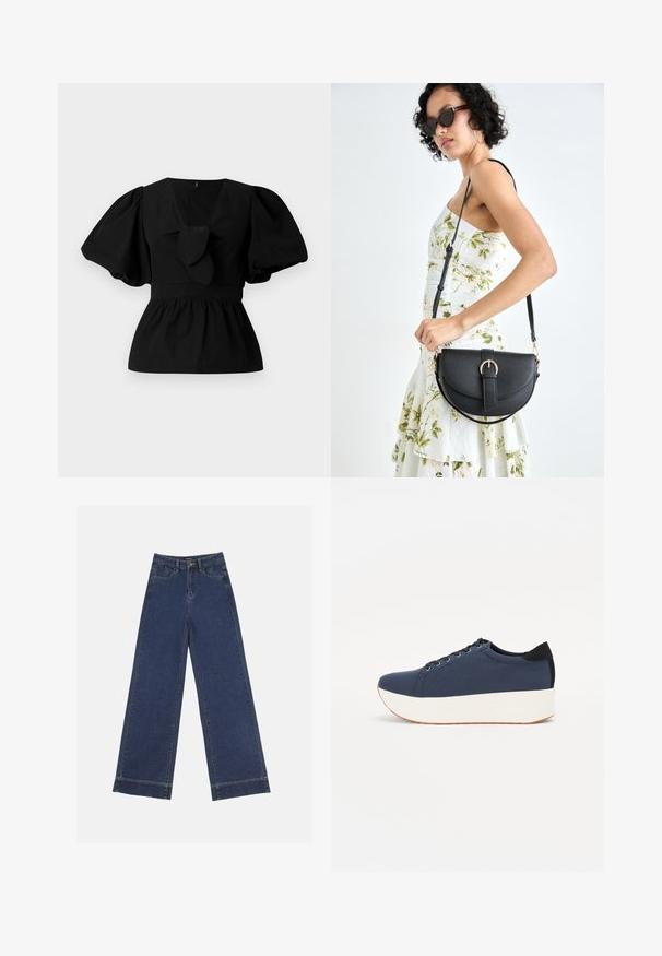 Black cotton blouse featuring a V-neck, puff sleeves, and a tie accent at the waist. The bodice is gathered for a peplum shape.; Wide-leg jeans in dark blue denim. Features five pockets, belt loops, and a raw hem at the bottom with visible stitching details.; Navy blue sneaker with a textured fabric upper, white platform sole, rounded toe, and black heel accent. Features six eyelets for laces.; Black leather handbag with a curved shape, detachable strap, and gold hardware. The bag features a flap with a buckle detail.