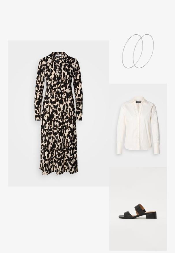 Mos Mosh WAVE SHIRT - Button-down blouse - ecru; Long-sleeve dress in a black and beige abstract pattern. Features a collared neckline and buttons down the front, made of lightweight fabric.; Black leather sandal with two wide straps across the foot, a square toe, and a low block heel. Smooth texture and minimal design.; Black leather tote bag with two long handles, a smooth texture, and a structured shape. Features a front pocket for additional storage.; Silver hoop earrings with a minimalist design. Circular shape, smooth texture, and thin profile. Lightweight with a polished finish.