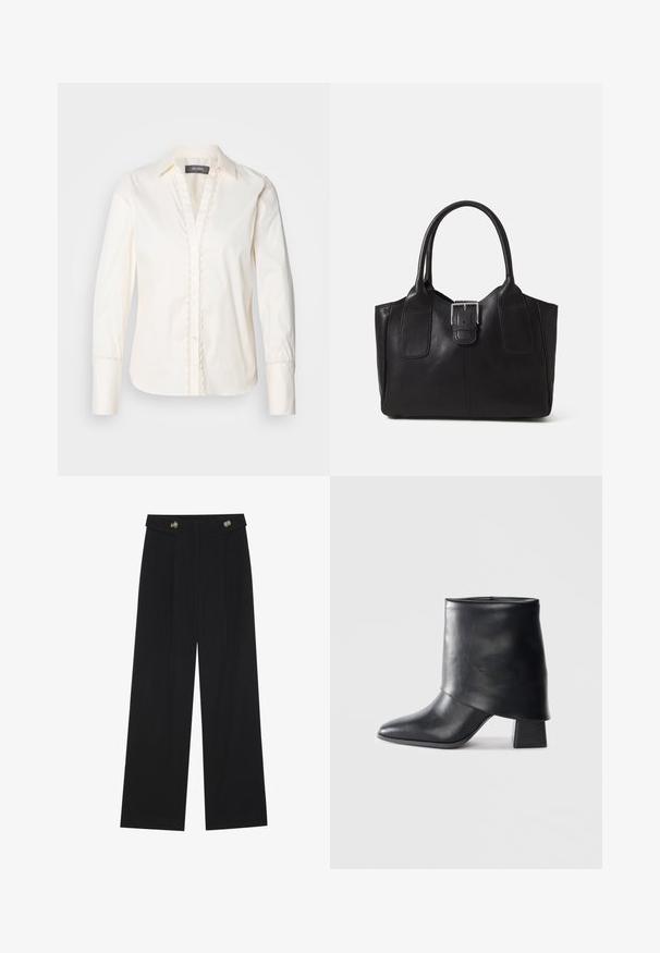 Mos Mosh WAVE SHIRT - Skjortebluse - ecru; Svart vide bukser med høy midje, knappdetaljer på midjebåndet og frontplisser.; Sorte lær ankle boot med spiss tå, glatt tekstur og en strukturert blokkhæl. Har et høyt, brettet mansjett-design.; Svart skinn toteveske med jevn tekstur, strukturert form, to håndtak og en fremtredende sølvspenne foran.