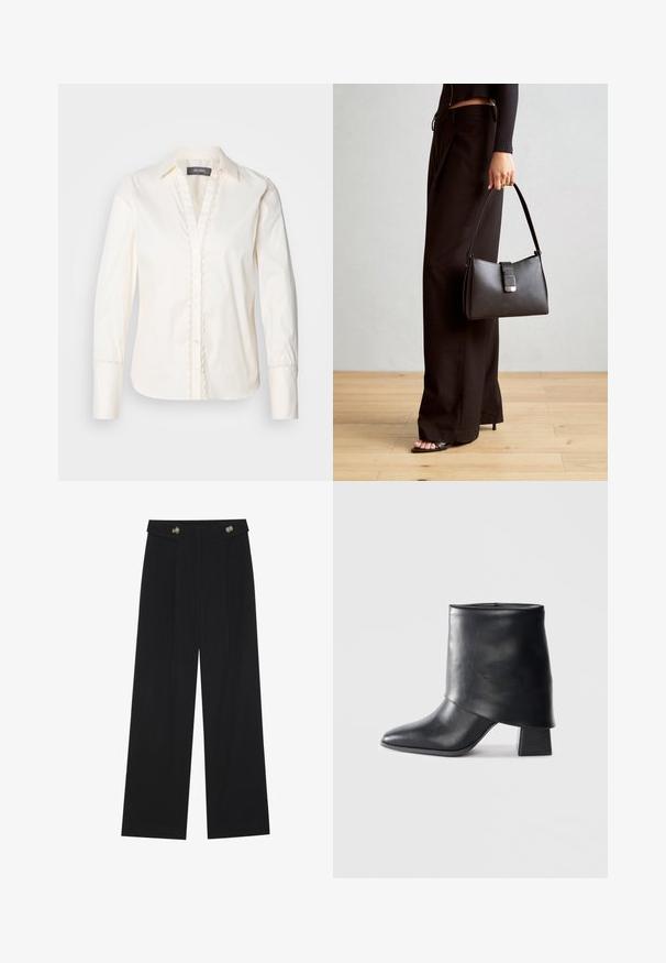 Mos Mosh WAVE SHIRT - Nööpidega pluus - ecru; Mustad laiad püksid kõrge vöökoha ja nööpdetailidega vööandil, esikortsudega.; Mustad nahast pahkluuring, millel on terav varvas, sile tekstuur ja struktureeritud plokknakk. Omab kõrget, volditud suud.; Must musta kott, millel on struktureeritud kuju, sile tekstuur ja metallist klamber. Kombineeritud laiate mustade pükstega ja avatud varvaste sandaalidega puidust põrandal.