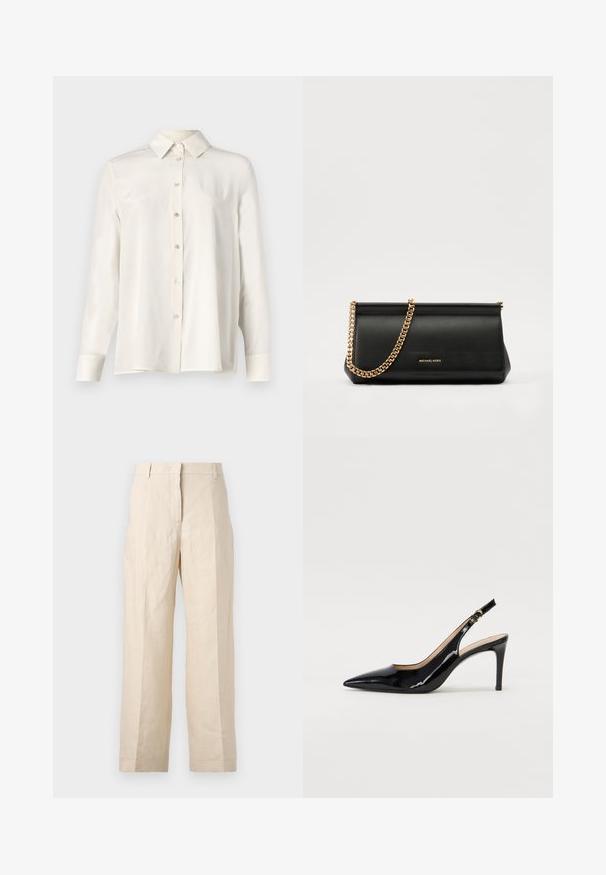 White button-up shirt in lightweight fabric, featuring a classic collar, long sleeves, and a straight cut with a smooth texture.; Beige linen trousers with a loose fit, pleated front, and straight legs. Features a waistband with belt loops and no visible pockets.; Black patent leather slingback pump with pointed toe, slim heel, and a subtle cutout design. Features a gold buckle on the strap.; Black leather clutch bag with a gold chain strap, featuring a smooth texture, rectangular shape, and embossed branding on the front.