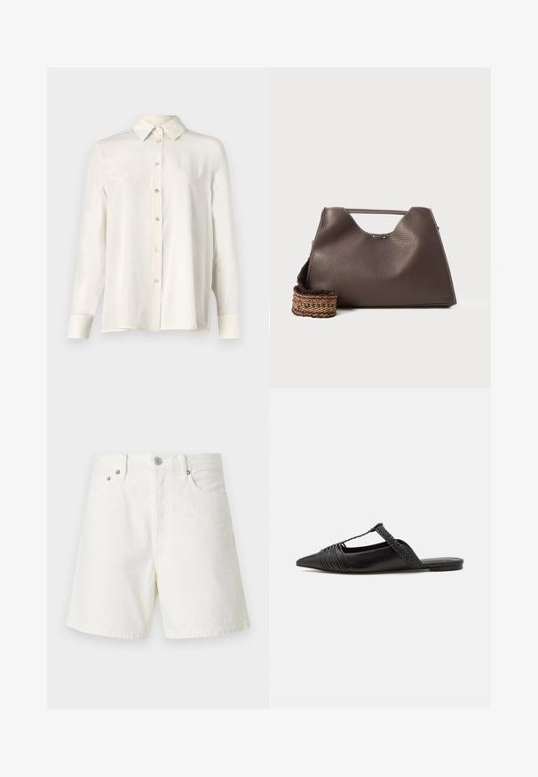 Bílá košile na knoflíky z lehké tkaniny, s klasickým límcem, dlouhými rukávy a rovnými prostřihy s hladkým povrchem.; Bílé denimové kraťasy se rovný střihem, pětivreckovým designem, zapínáním na tlačítko vpředu, stříbrnými kovovými detaily a prošitím.; Černé kožené slingback boty se špičatou špičkou, s tkaným akcentem a plisovaným designem svršku. Plochá podešev s minimálním kovovým zapínáním.; Hnědá kožená kabelka s texturovaným povrchem, ostrým designem a výraznou horní rukojetí. Obsahuje detail tkaného popruhu se vzorem.