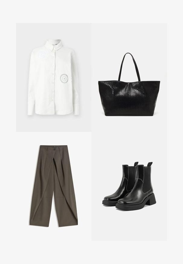 Witte overhemdd met lange mouwen, voorzien van twee geborduurde decoratieve patronen en een klassieke kraag. Zachte, gestructureerde stof.; Wijdvallende broek gemaakt van een gestructureerde, donkergrijze stof. Heeft een voorplooien, een knopenluiting en zijzakken voor praktische doeleinden.; Zwarte leren Chelsea-boots met een chunky hak, elastische zijpanelen en contrasterende witte stiksels. Gestructureerde afwerking.; Zwarte geweven schoudertas met twee stevige handvatten, met een glanzende textuur en een ruime open bovenkant.