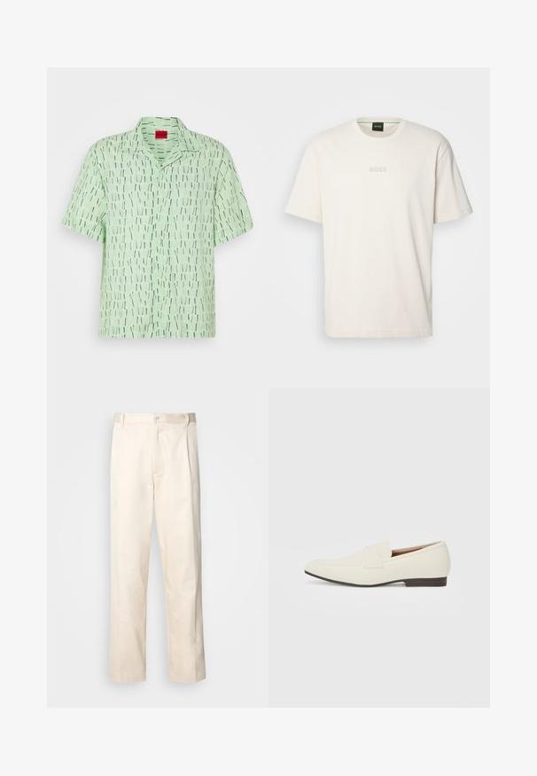 Košile s krátkým rukávem ze světle zelené látky s grafickým vzorem vertikálních černobílých pruhů. Disponuje límcem a zapínáním na knoflíky.; BOSS TEE - Jednoduché tričko - open white; Bežové bavlněné kalhoty se střihy rovného nohavice, s knoflíkovým zapínáním a záhyby vpředu pro zvýraznění detailu.; Světlé béžové mokasíny s špičatou špičkou, hladkým materiálem, páskem přes nárt a nízkou hnědou podrážkou. Jednoduchý design s minimálními akcenty.