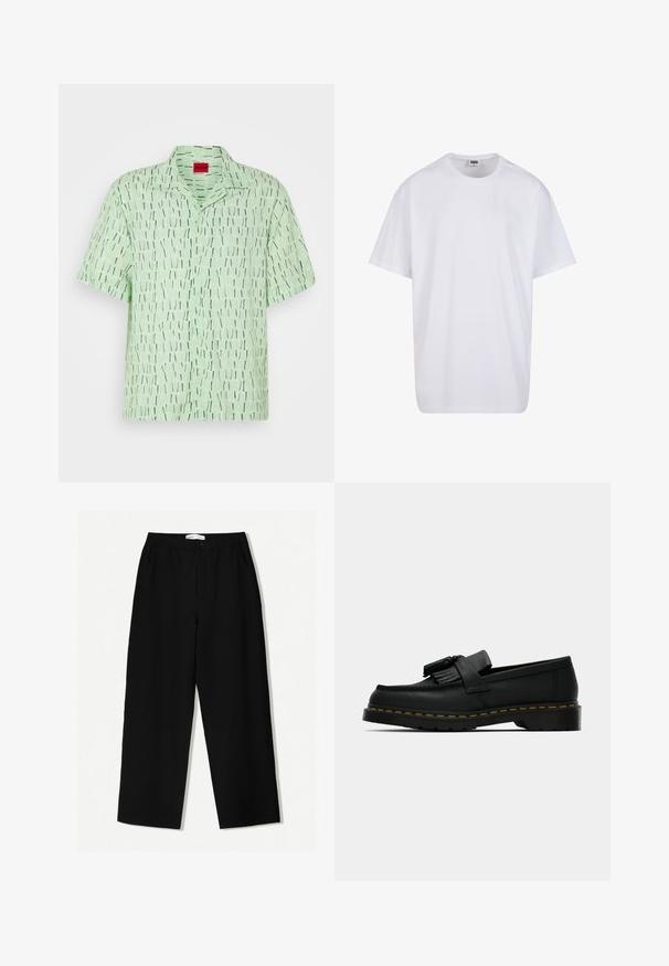 Cămașă cu mânecă scurtă dintr-un material verde deschis, cu un model grafic format din linii verticale alb-negru. Dispune de guler și închidere cu nasturi.; Tricou alb din bumbac cu mâneci scurte, decolteu rotund, croială lejeră și fără logo-uri sau modele vizibile. Textură netedă și design minimalist.; Pantaloni negri cu croi larg, dintr-un material texturat, având un brâu elastic și buzunare laterale. Design simplu, minimalist, fără embellishments.; Mocasini negri din piele cu ciucuri, cusături galbene pe marginea tălpii și o talpă exterioară groasă, zimțată din cauciuc.