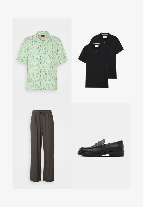 Rövid ujjú ing világoszöld anyagból, fekete és fehér függőleges csíkos grafikai mintával. Gallérral és gombos elülső résszel rendelkezik.; Két fekete pólóing, rövid ujjú, pamut anyagból készült, klasszikus gallérral, két gombos gombolással, és fehér csíkos díszítéssel a gallér belső részén.; Sötétszürke, bővülő lábú nadrág, zsinóros derekú, puha, texturált anyagból készült, és a bokáknál felgöngyölített ujjak jellemzik.; Fekete bőr loafer cipők kerek orral, varrott mintázattal, alacsony platformtalpú és texturált, barázdált gumitalppal.