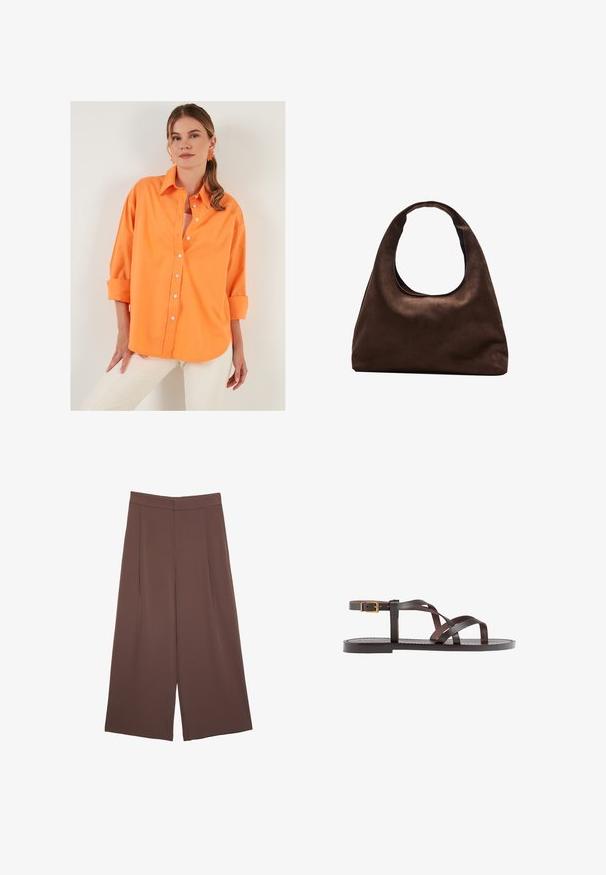 LELA LOOSE FIT - Bluza z gumbi - orange; Rjave široke hlače z gladko teksturo, ki imajo visok pas in sprednje naborke. Tkanina je lahka in prosto pada.; Rjav usnjen sandal z načinom prečnega črta, zaklepom okoli gležnja in ravnim podplatom z minimalnimi šivi.; Mehakna rjava torbica v hobo stilu z enim širokim trakom in ukrivljenim odprtjem na vrhu, prikazana na beli podlagi.
