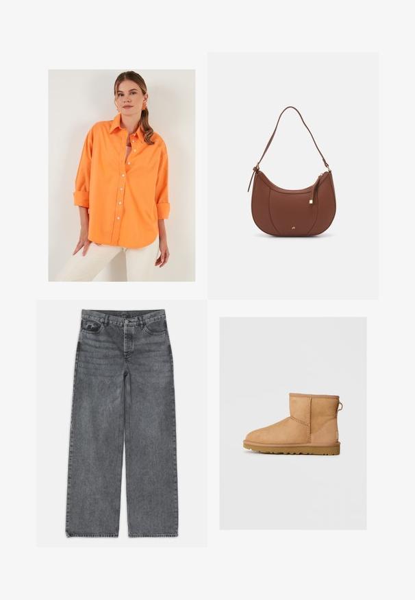 LELA LOOSE FIT - Užsagstoma palaidinė - orange; Platus kojų džinsai tamsiai pilko džinsinio audinio. Yra aukšta liemenė, penkių kišenių dizainas ir priekinis sagčių uždarymas. Lygus paviršius su subtiliu dėvėjimosi efektu.; Tan suede aulinukai iki kulkšnies su apvaliu nosiu, siuvinėtomis detalėmis, užtraukiamu lipduku gale ir tekstūruotu guminėmis padais. Sukurta komfortui ir šilumai.; Ruda dirbtinės odos petinė piniginė su kreiva forma, minimalia siuvimo linija ir auksinės spalvos įranga. Yra užtrauktuko uždarymas viršuje ir reguliuojama petneša.