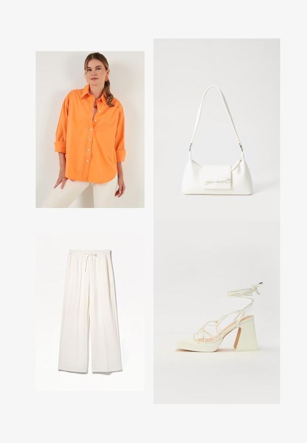 LELA LOOSE FIT - Blúzka so zapínaním na gombíky - orange; Biele široké nohavice vyrobené z ľahkého materiálu, s elastickým pásom, šnúrkou a bočnými vreckami bez viditeľných vzorov.; Biele sandále na vysokom opätku s hrubým podpätkom, s pruhovaným dizajnom a viazaním na členku. Hladký povrch s platformou vpredu pre zvýšenú výšku.; Biela syntetická kabelka s trojuholníkovým tvarom, plochým predným klapkou a detailom mašle, nastaviteľným popruhom, hladkou textúrou a minimalistickým dizajnom.