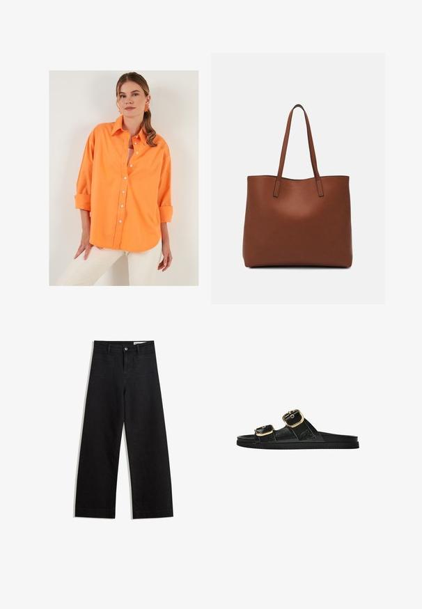 LELA LOOSE FIT - Overhemdblouse - orange; Zwarte denim broek met wijde pijpen en een hoge taille, voorzien van voor- en achterzakken, gestikte naden en een knoopsluiting. Gladde textuur.; Zwarte slipper met twee gouden gesps, gladde textuur, platte zool en een minimalistisch ontwerp.; Bruine leren tote bag met een gladde textuur, een ontwerp met een open bovenkant en twee schouderbanden. Kenmerkt zich door minimale stiksels en geen zichtbare hardware.