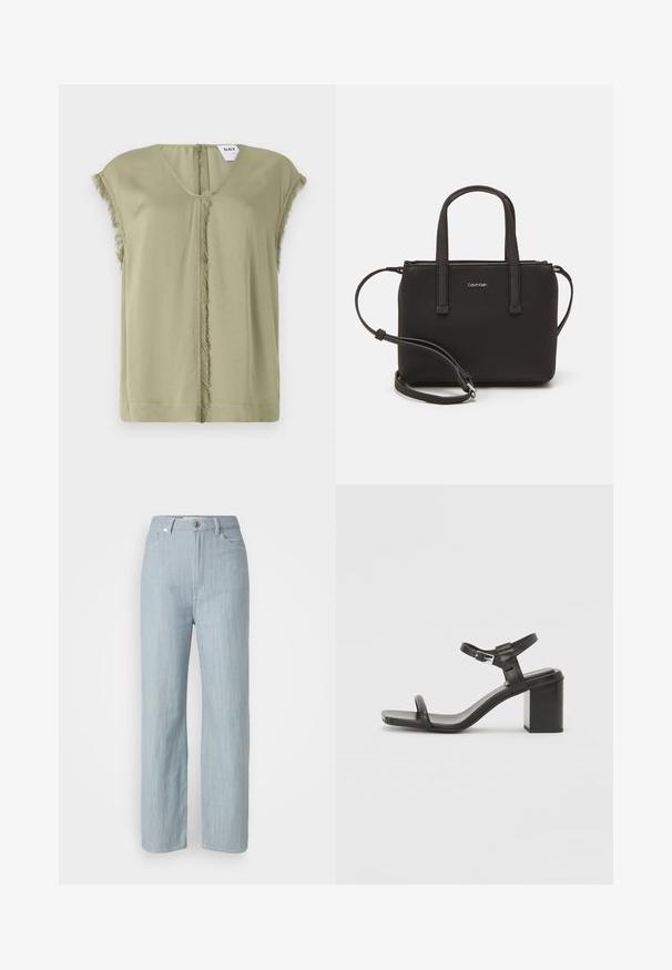 Olivno zelen top z V-izrezom, kratkimi rokavi in raztrganimi robovi po sredini. Narejen iz mehke tkanine z sproščenim prileganjem.; Svijetloplave traperice ravnog kroja. Imaju pet džepova, metalno kopčanje na dugme i suptilno izbjeljivanje za teksturu.; Črne usnjene sandale z blok peto, širokim trakom čez prste in nastavljivim trakom okrog gležnja, z elegantnim, minimalističnim dizajnom.; Črna torbica z dvema kratkima ročajema in odstranljivim naramnim trakom. Gladek usnju podoben material z zadrgo in podrobnostmi z logotipom.