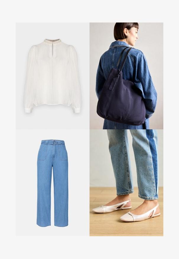 Balta blūze ar vertikālām svītrām, augsta izgriezuma, rotāta ar faktūru detaļām, un garām pūkainām piedurknēm, kas beidzas ar pieguļošiem aprocēm.; Gai zila džinsa platā stila bikses ar jostu, divām priekšējām kabatām un vienkāršu faktūru. Ievēro minimālistisku dizainu un tīras līnijas.; Bālti rozā siksniņu dzīvokļi ar smailu purngalu, izgatavoti no gludas ādas līdzīgās materiāla. Iezīmē izgriezumu detaļas sānos un platu papēdi.; Jūras spēku kanvas plecu soma ar mīkstu, strukturēta formu, kas piedāvā melnu siksnu, izšūtu detaļu un nelielu zīmola birku.