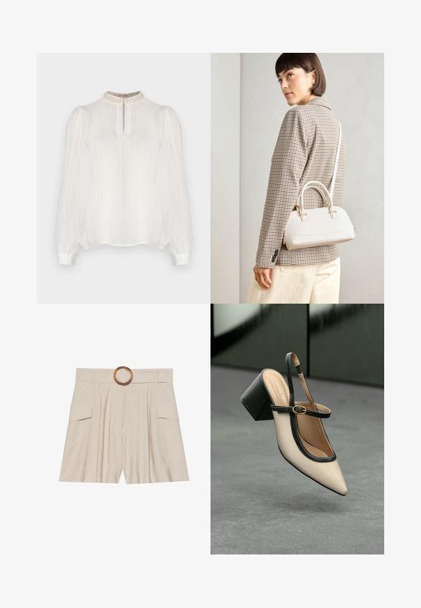 Balta bluzė su vertikaliomis juostelėmis, aukštu iškirpimu, puoštu tekstūruotu ornamentu, ir ilgomis pūstomis rankovėmis, baigiasi prigludusiais manžetais.; Šviesiai rudos spalvos aukštai juosmeniški šortai su plačiu, lygia juosta, mediniu apvaliu užsegimu, klostuota priekiu ir dviem šoninėmis kišenėmis. Lygi audinio tekstūra.; Smėlio spalvos aukštakulniai atviri bateliai su smailia nosyte, juodomis apvadomis ir sagties detalėmis. Lygus matinio paviršiaus medžiaga, vidutinio aukščio storu kulnu.; Balta struktūruota rankinė su trumpomis rankenomis ir peties diržu, su auksinėmis detalėmis ir tekstūruota medžiaga, pastatyta prieš pilką foną.