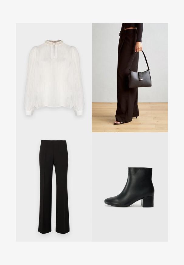 Hvit bluse med vertikale striper, høy halskrage prydet med teksturdetaljer, og lange puffede ermer som ender i tettsittende mansjetter.; Svarte skreddersydde bukser med rette ben, høy midje og framfalter, vist mot en enkel bakgrunn.; Sorte skinn ankelsko med spiss tå og chunky hæl. Glatt tekstur med minimale detaljer og et elegant, tettsittende design.; Svart håndveske med strukturert form, jevn tekstur og metallisk lås. Kombinert med brede svarte bukser og sandaler med åpen tå på tregulv.