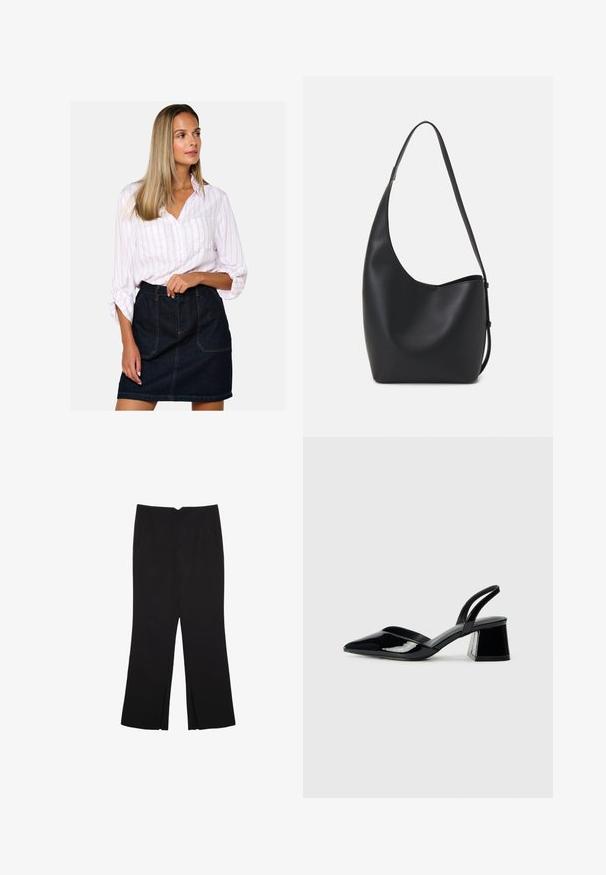 Biela košeľa s ružovými pruhmi, kombinovaná s tmavomodrou rifľovou sukňou s vysokým pásom, ktorá má predné vrecká a viditeľné švy.; Čierne nohavice so strihom rovného strihu, s prednými vreckami a bočnými rozparkami na leme. Vyrobené z mäkkej, hladkej tkaniny. Vhodné na rôzne príležitosti.; Čierne lakované kožené sandálové podpätky s špicatou špičkou a geometrickým blokovým podpätkom. Disponujú elegantným, minimalistickým dizajnom a hladkým povrchom.; Čierna kožená hobo taška so hladkou textúrou, zakriveným tvarom a jedným nastaviteľným popruhom; má široké otvorenie na vrchu.