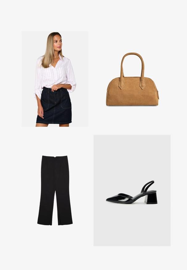 Biała koszula zapinana na guziki w różowe paski, zestawiona z ciemnoniebieską spódnicą o wysokim stanie, z przednimi kieszeniami i widocznymi detalami szwów.; Czarne spodnie o prostym kroju, z przednimi kieszeniami i bocznymi rozcięciami na dole. Wykonane z miękkiego, gładkiego materiału. Odpowiednie na różne okazje.; Czarne lakierowane półbuty na obcasie z wydłużonym noskiem i geometrycznym słupkiem. Charakteryzują się eleganckim, minimalistycznym designem oraz gładką fakturą.; Torebka zamszowa w kolorze tan, o wyraźnie zdefiniowanej formie, z dwiema rączkami, trójkątnymi wycięciami oraz zamkiem błyskawicznym na górze dla zapewnienia zamknięcia.