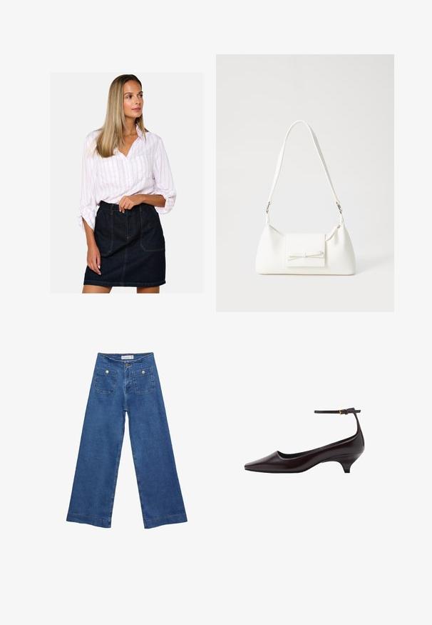 White button-up shirt with pink stripes, paired with a high-waisted dark denim skirt featuring front pockets and visible stitching details.; Denim wide-leg jeans with a medium blue wash, two front pockets with button closures, and stitched detailing along the hems.; Dark brown pointed-toe leather kitten heel shoe with a thin ankle strap and a small gold buckle.; White synthetic handbag with a triangular shape, flat front flap and bow detail, adjustable strap, smooth texture, and minimalistic design.
