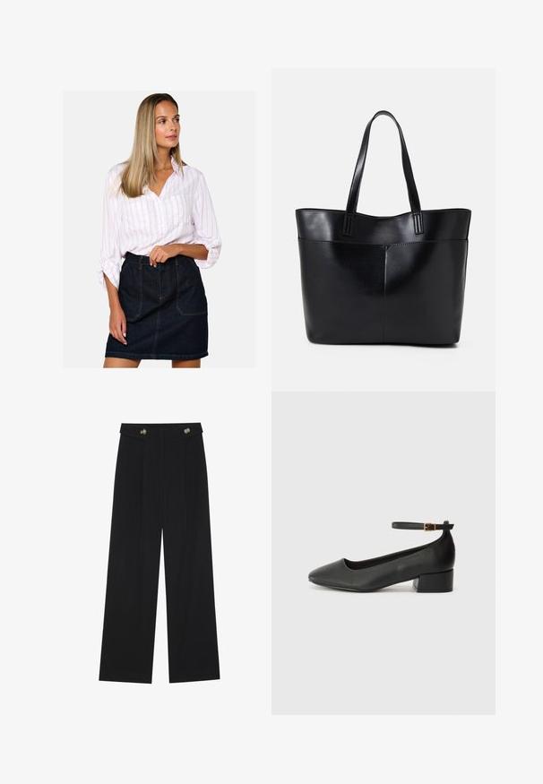 White button-up shirt with pink stripes, paired with a high-waisted dark denim skirt featuring front pockets and visible stitching details.; Black wide-leg trousers with high waist, button details on waistband, and front pleats.; Black leather pump with a pointed toe and a low block heel. Features an ankle strap with a gold-tone buckle. Smooth texture.; Black leather tote bag with two long handles, a smooth texture, and a structured shape. Features a front pocket for additional storage.