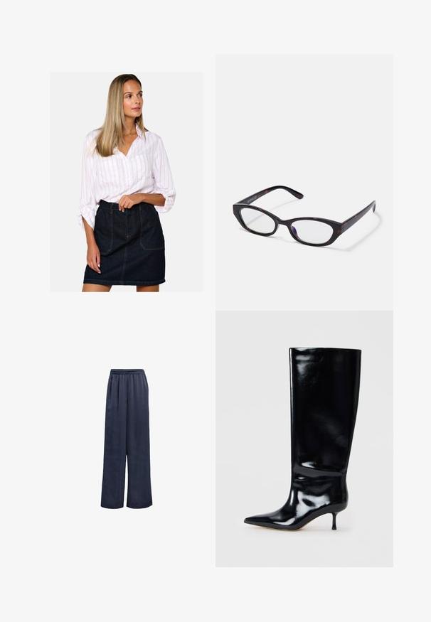 Valgete nööpidega särk, millel on roosa triip, koos kõrge vöökohtadega tumedast teksakangast seelikuga, millel on ees taskud ja nähtavad õmblused.; Tumed laiad püksid, mis on valmistatud siledast kangast, elastse vöökohaga ja ilma nähtava metallist detailita. Omavad vaba lõikega ja täispikkust.; Knee-high musta nahkpüksid läikiva viimistlusega, terava toe ja kitsaste kontsadega. Sile tekstuur minimaalsete disainidetailidega.; Kassi silmadega prillid läikiva tumeda kilpkonnakilbi plastraamiga, millel on kaarjad käed ja selged läätsed. Minimalistlik bränding küljel.