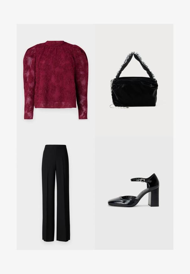 Βουργουνδί μπλούζα με μακρύ μανίκι, περίπλοκη υφή δαντέλας με λουλούδια, ψηλό λαιμόκομμα και φουσκωτούς ώμους. Διαφανές ύφασμα με διακριτικό σχέδιο.; Μαύρο παντελόνι με φαρδιά πόδια και λεία υφή, με ψηλό καβάλο και κεντρικές πτυχές. Χωρίς ορατά σχέδια ή μεταλλικά στοιχεία.; Μαύρα παπούτσια ψηλοτάκουνα από πατενέ δέρμα με τετράγωνη μύτη, λουρί στον αστράγαλο και χοντρό τακούνι. Περιλαμβάνει διάτρητο σχέδιο γύρω από την άκρη.; Μαύρη τσάντα χειρός από συνθετική δερμάτινη υφή, με υφασμάτινη επιφάνεια, που διαθέτει μια ασημί λεπτομέρεια με χάντρες κατά μήκος της επάνω λαβής και αλυσίδα.